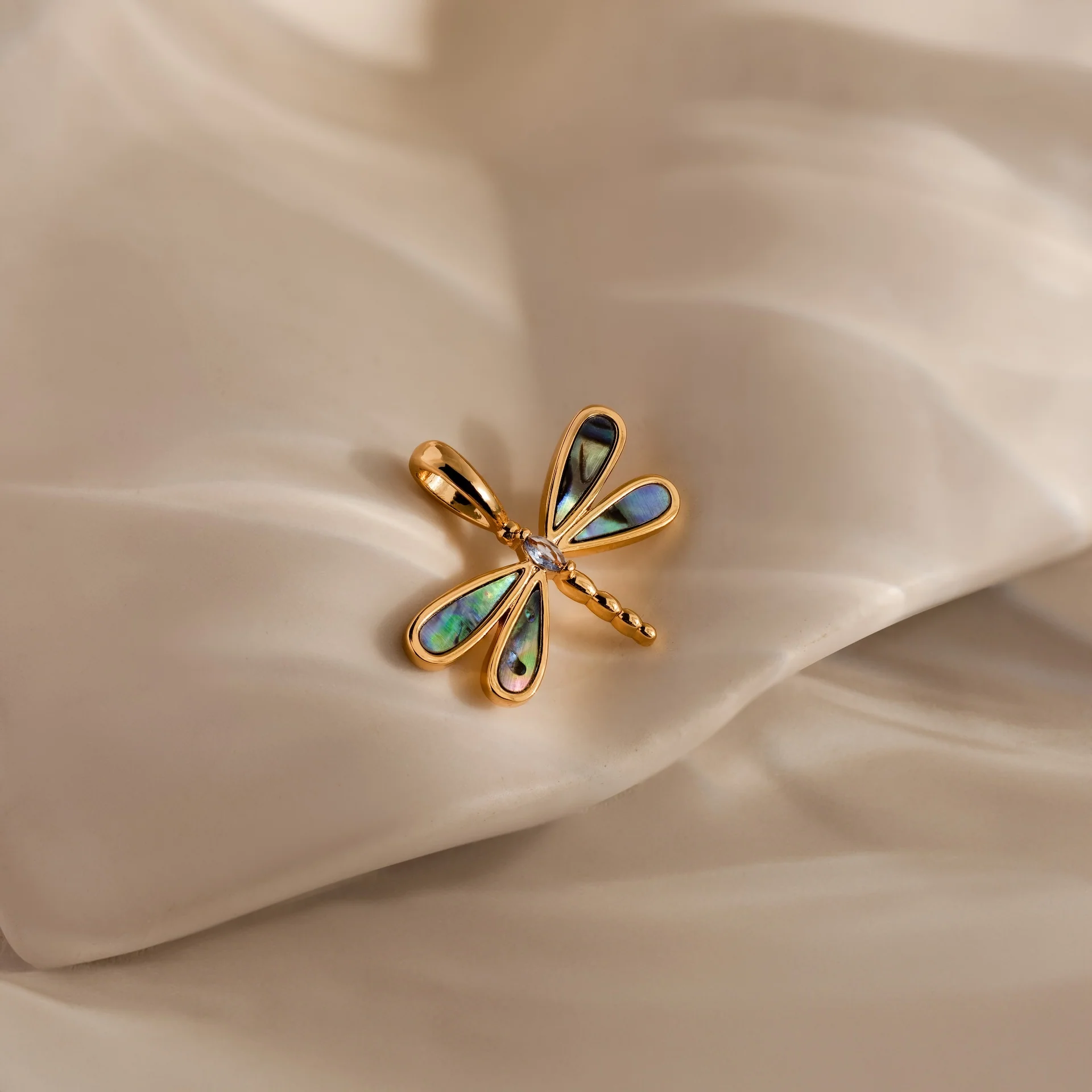 Abalone Dragonfly Charm in 18K Gold