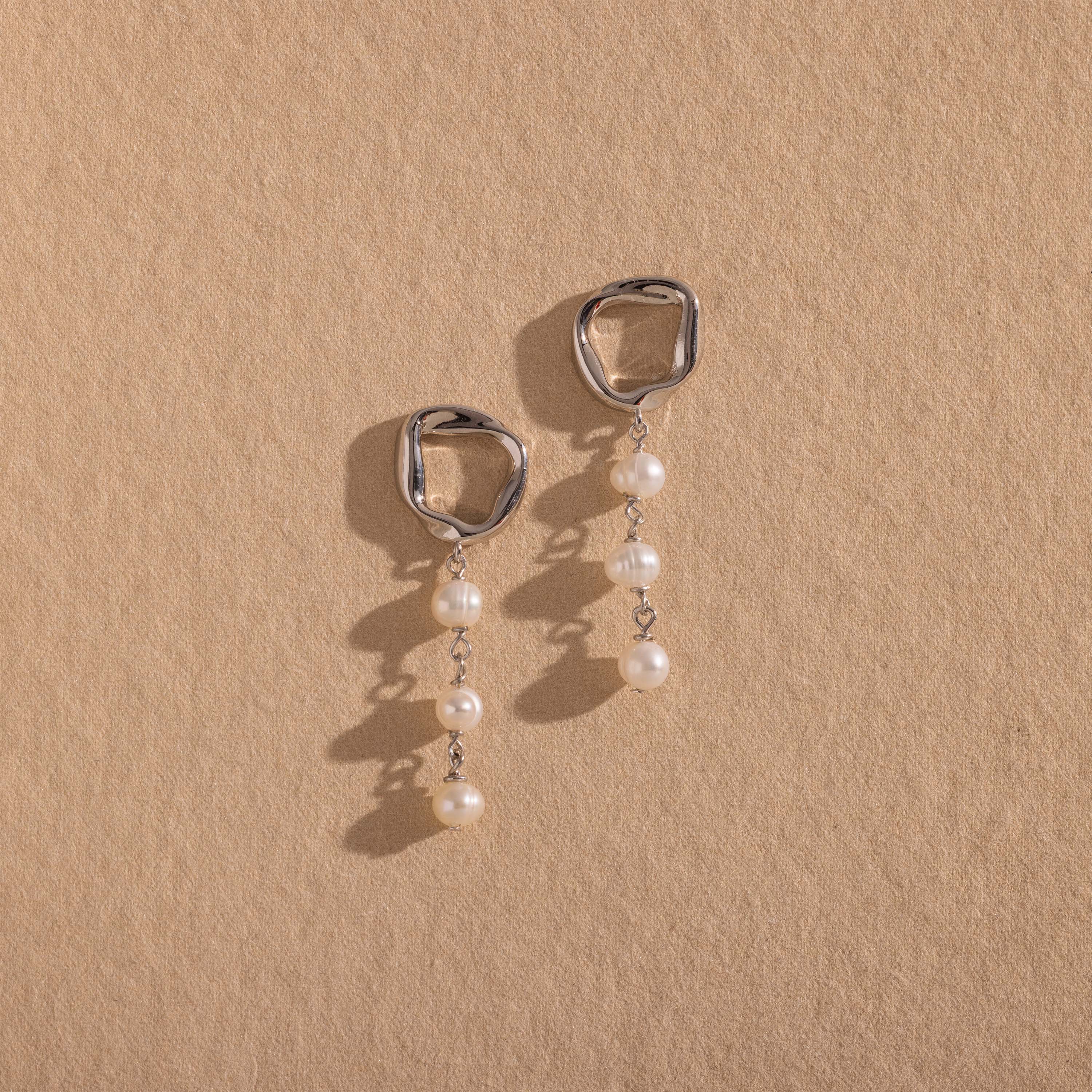 Abstract Pearl Trio Drop Earrings in Silver - Image 5