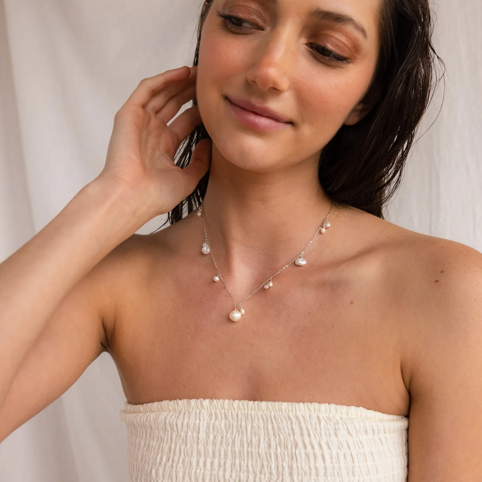 Baroque Pearl Station Necklace in Silver - Image 4
