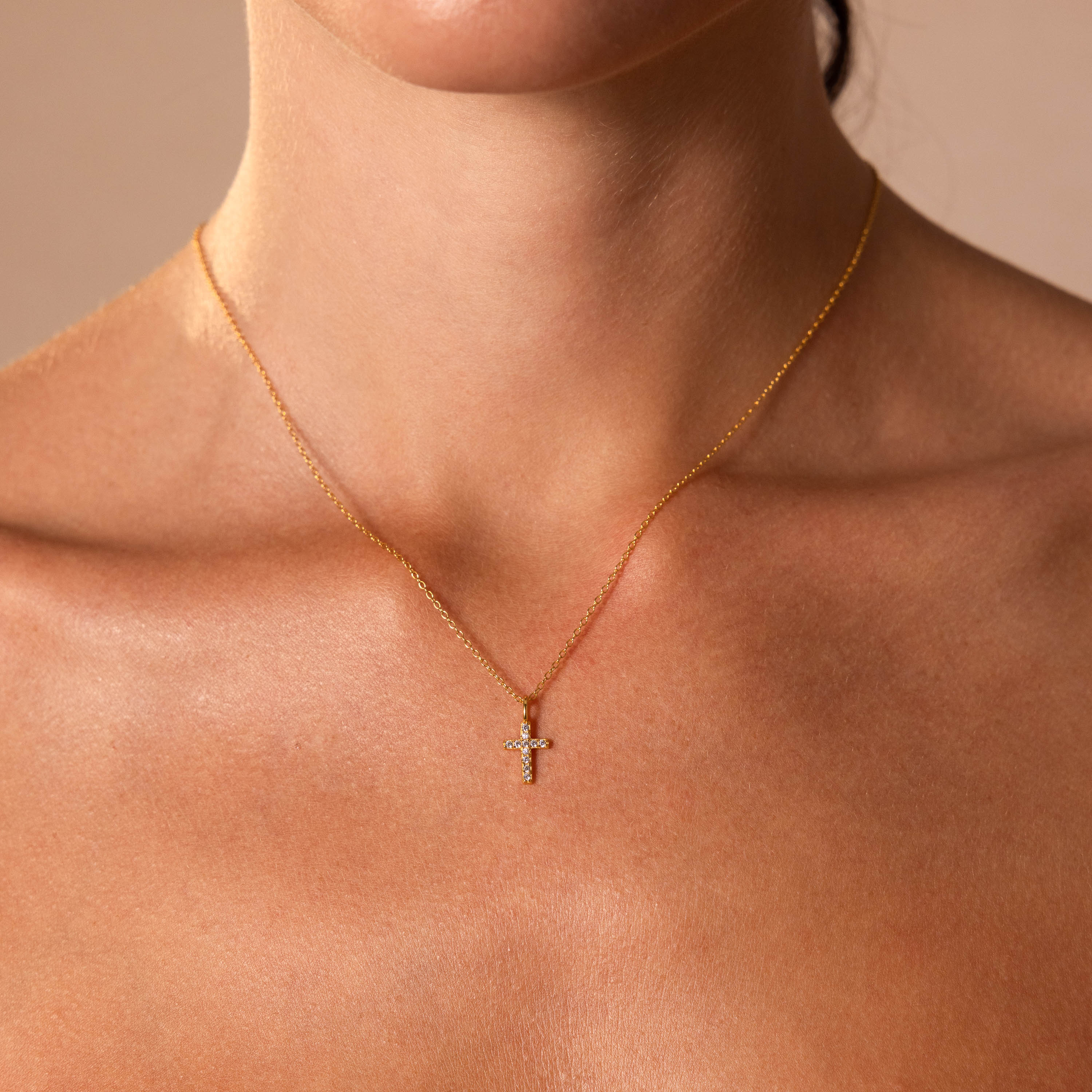 Dainty Diamond Cross Necklace in 18K Gold - Image 2
