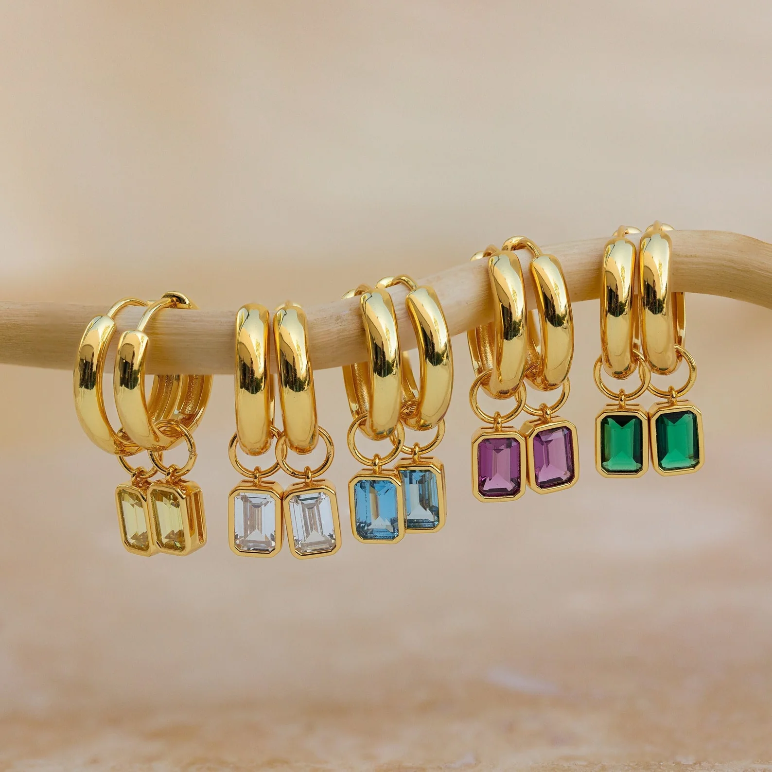 Dangling Emerald Birthstone Hoops - Image 3