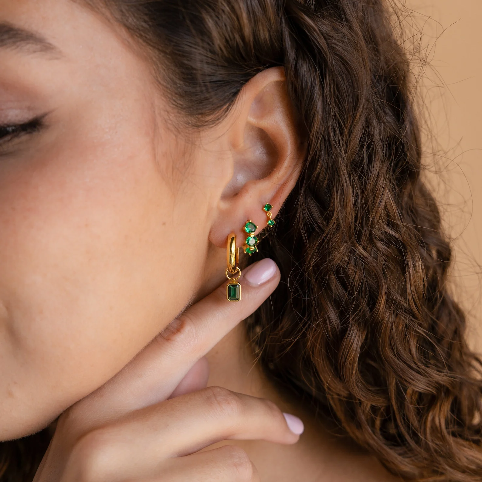 Dangling Emerald Birthstone Hoops - Image 4