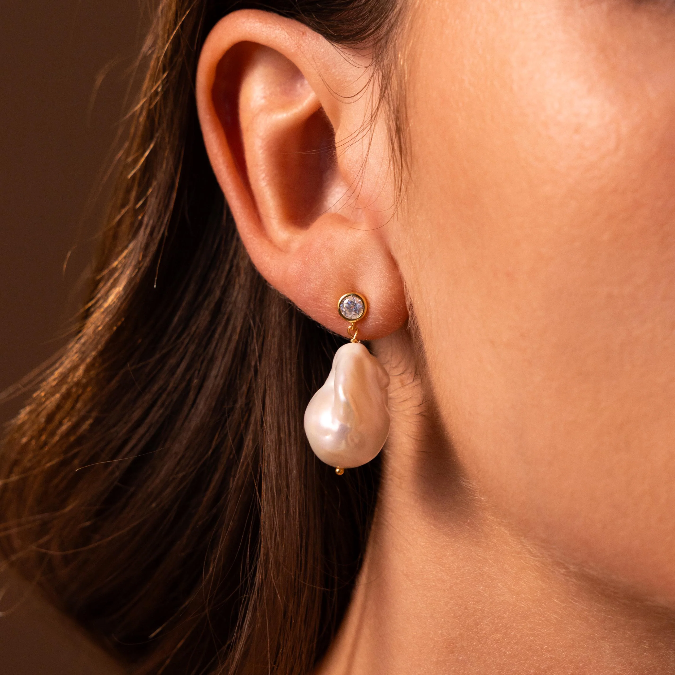 Diamond Baroque Pearl Studs in Silver - Image 3