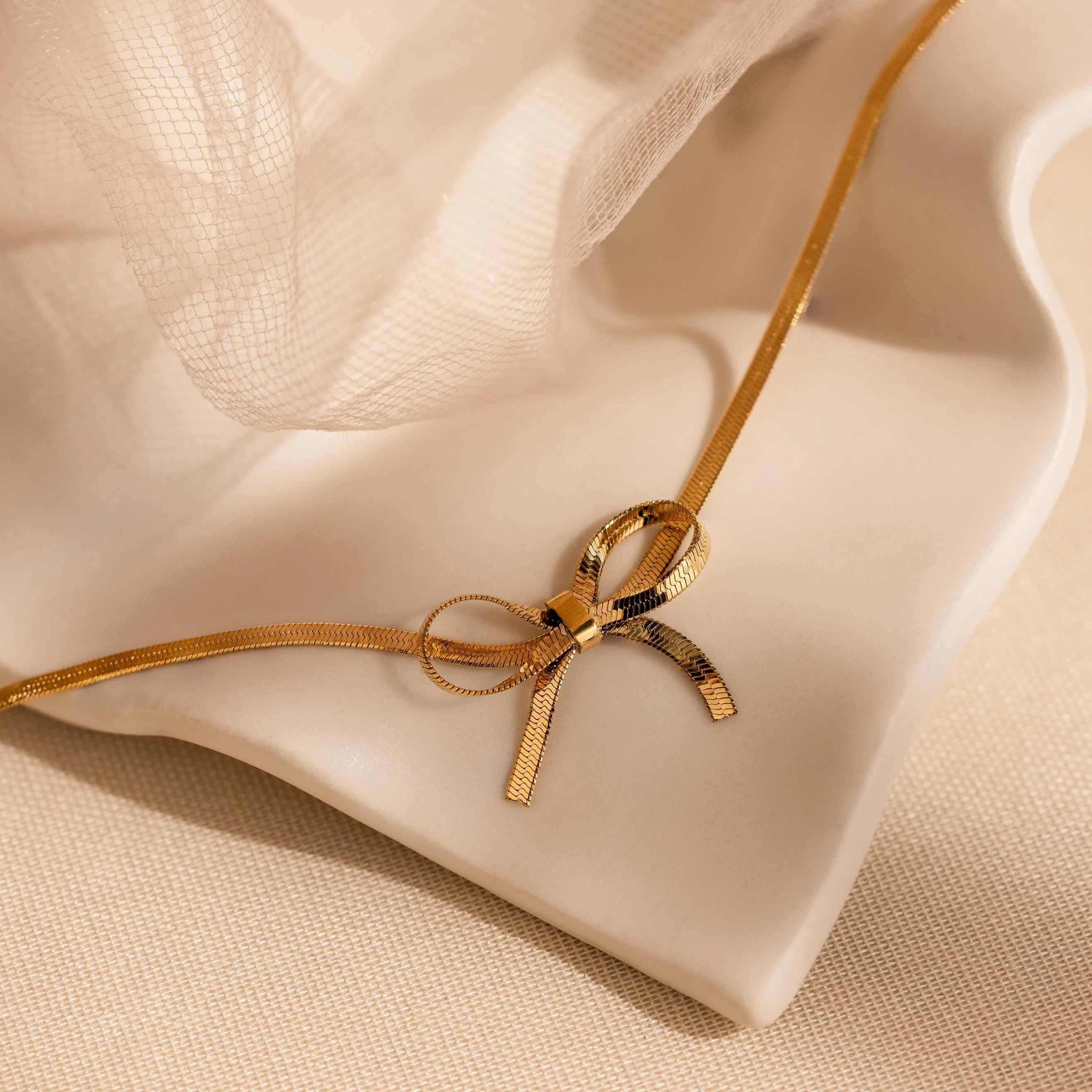 Herringbone Bow Necklace in 18K Gold - Image 6