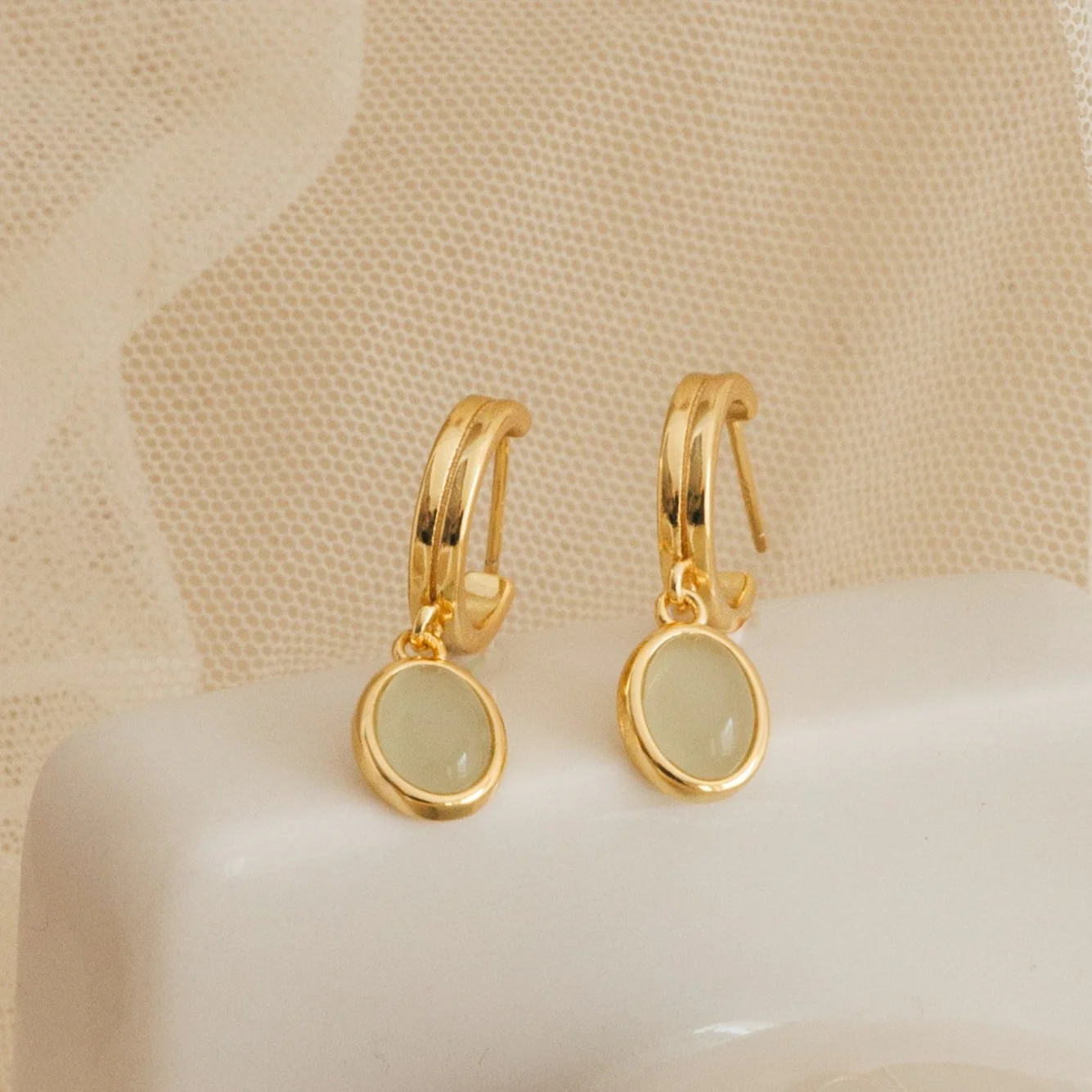 Jade Gemstone Drop Hoops in 18K Gold