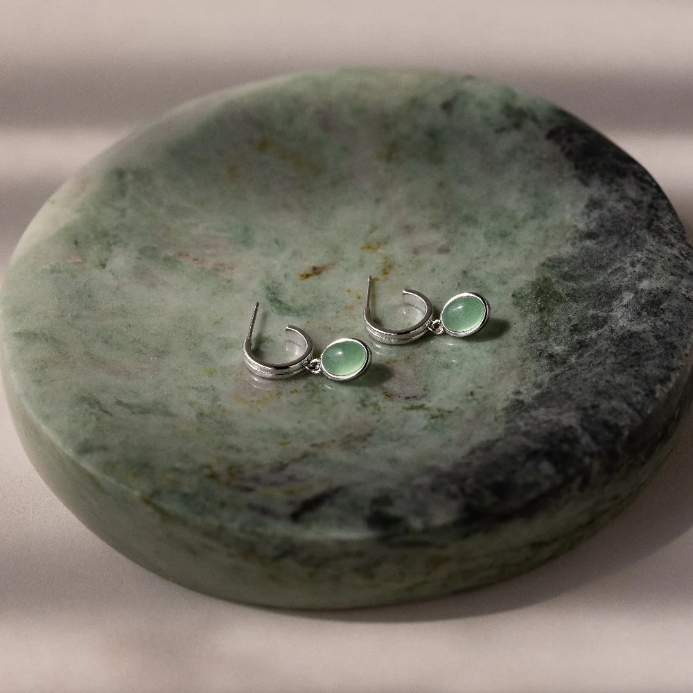 Jade Gemstone Drop Hoops in Silver - Image 3