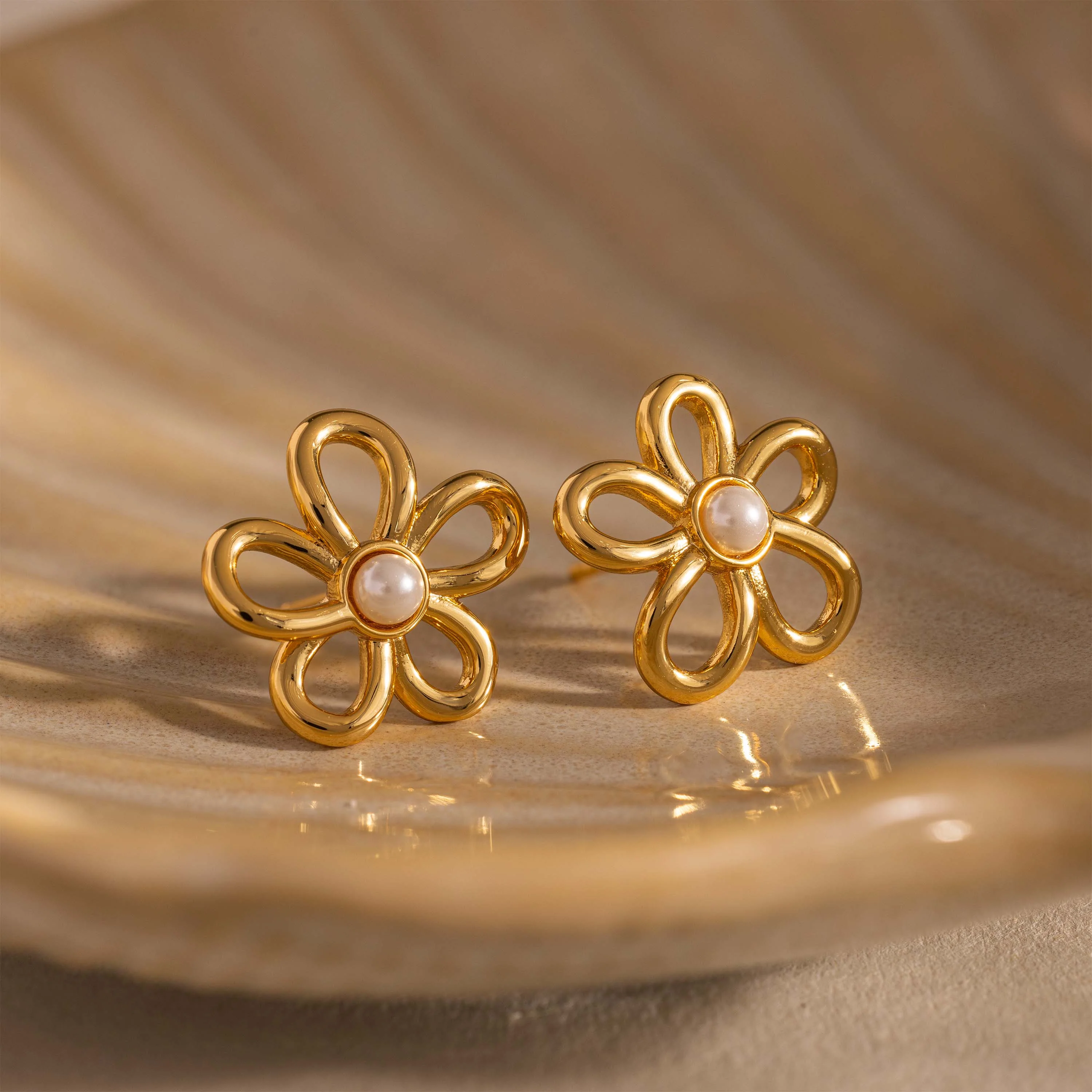 Lila Flower Pearl Studs in 18K Gold - Image 5