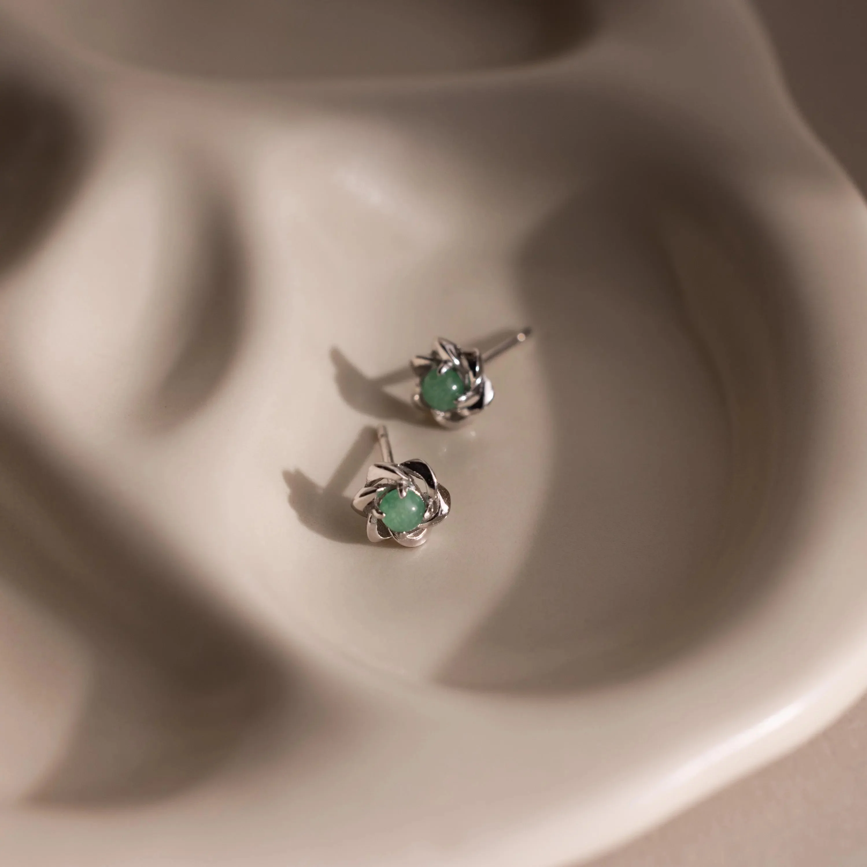 Mini Jade Flower Studs in Silver - Image 3
