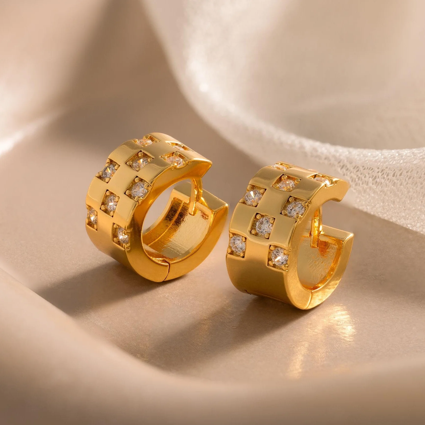 Pave Checkered Huggies in 18K Gold - Image 3