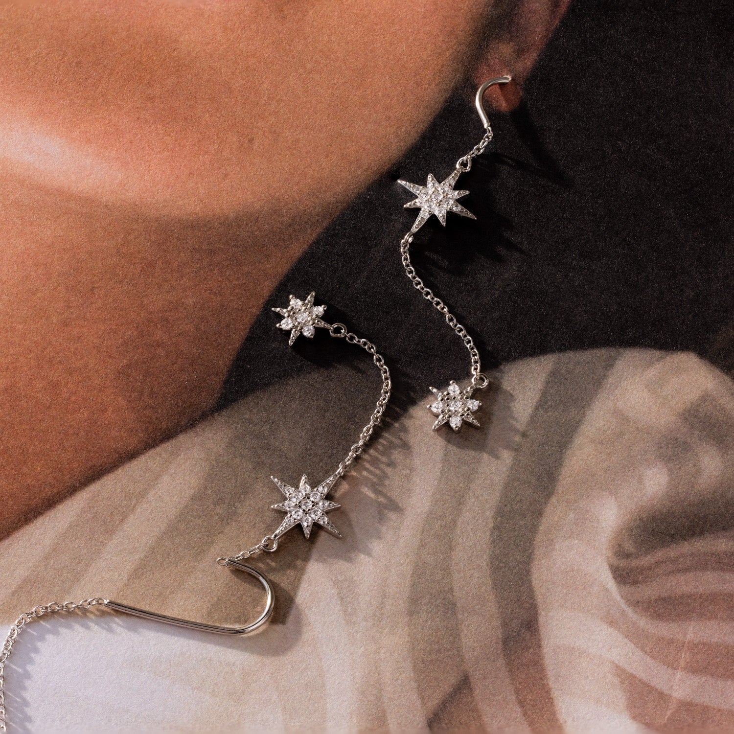 Pave Star Threader Earrings in Silver - Image 5