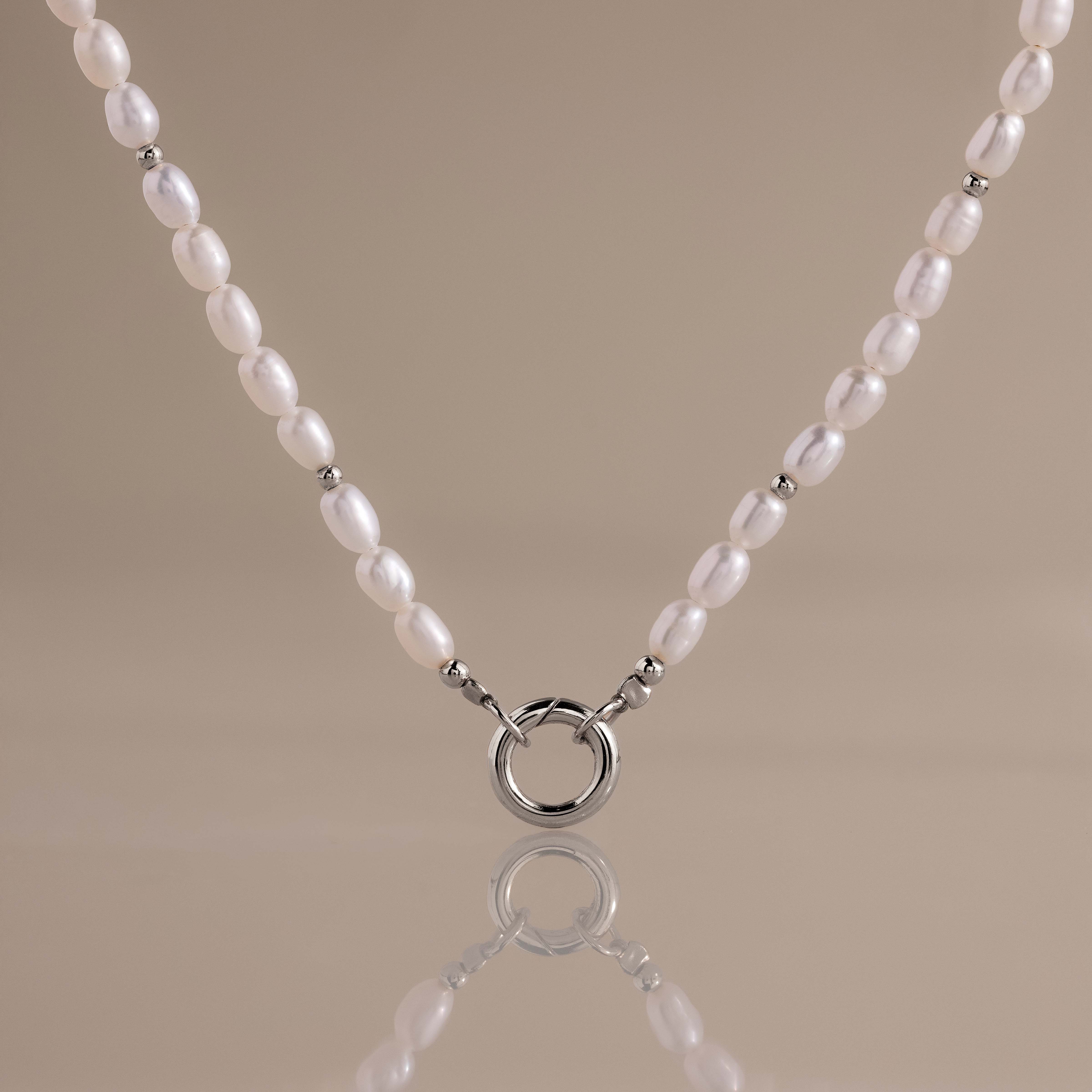 Pearl Beaded Charm Necklace in Silver