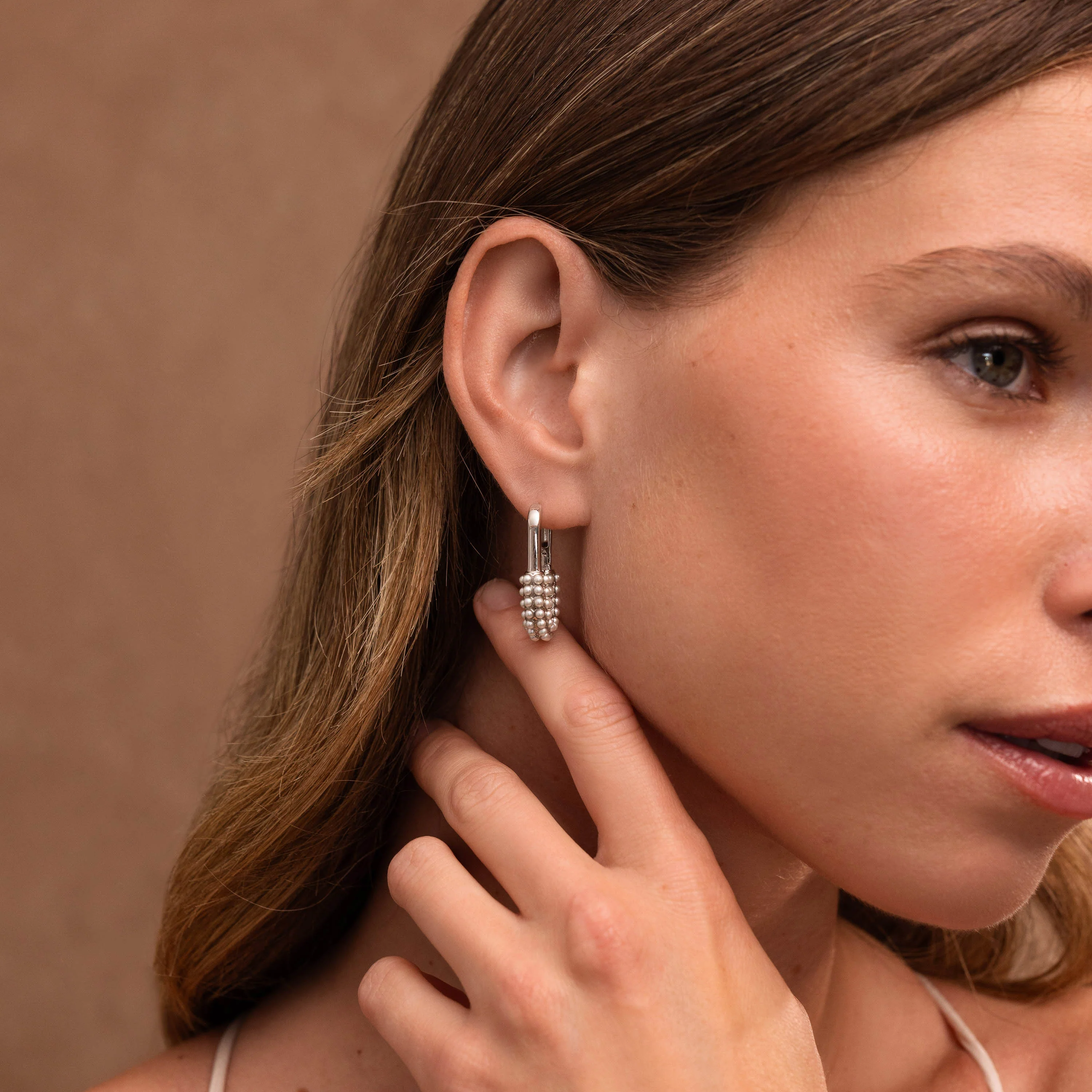 Pearl Cluster Link Hoops in Silver - Image 4