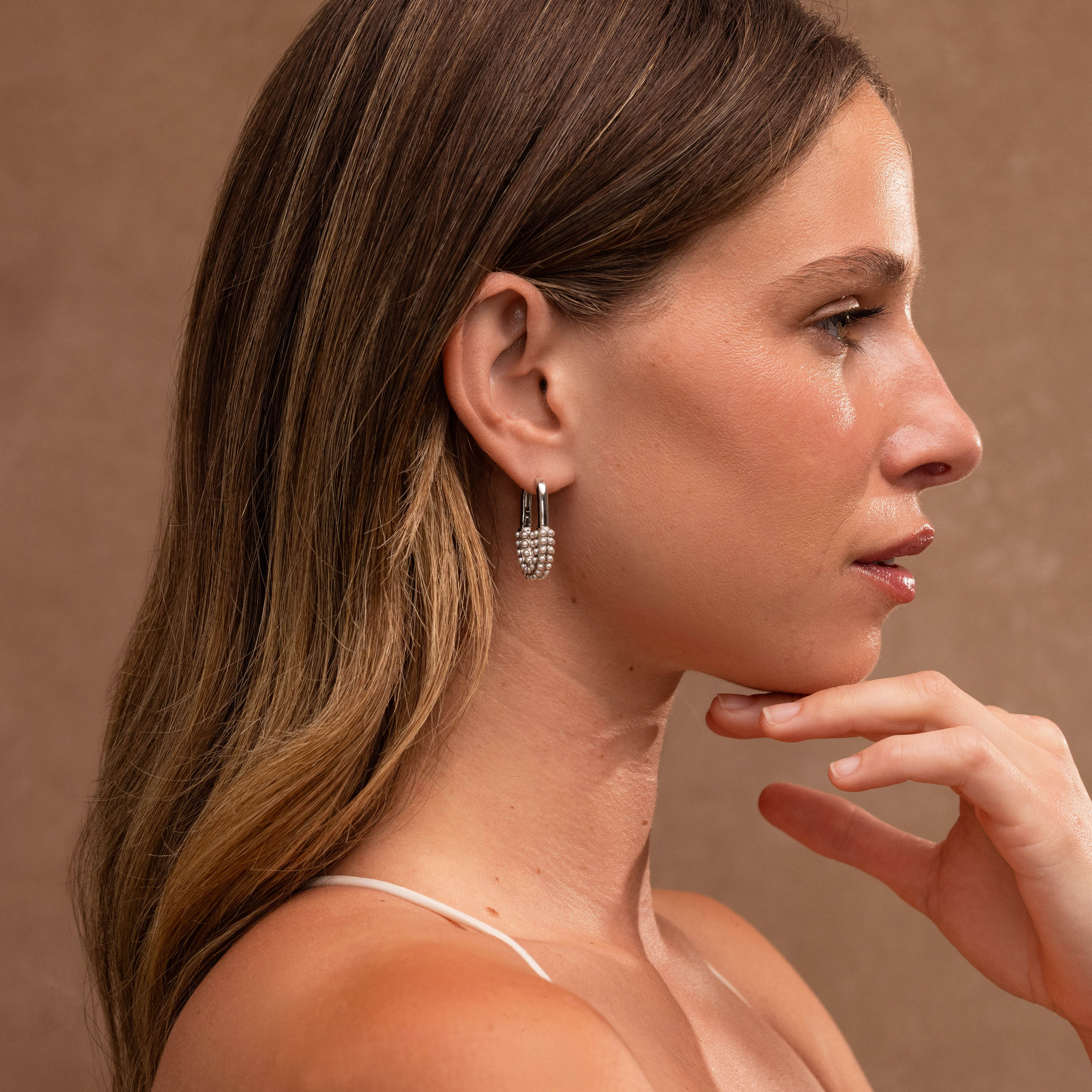 Pearl Cluster Link Hoops in Silver - Image 6