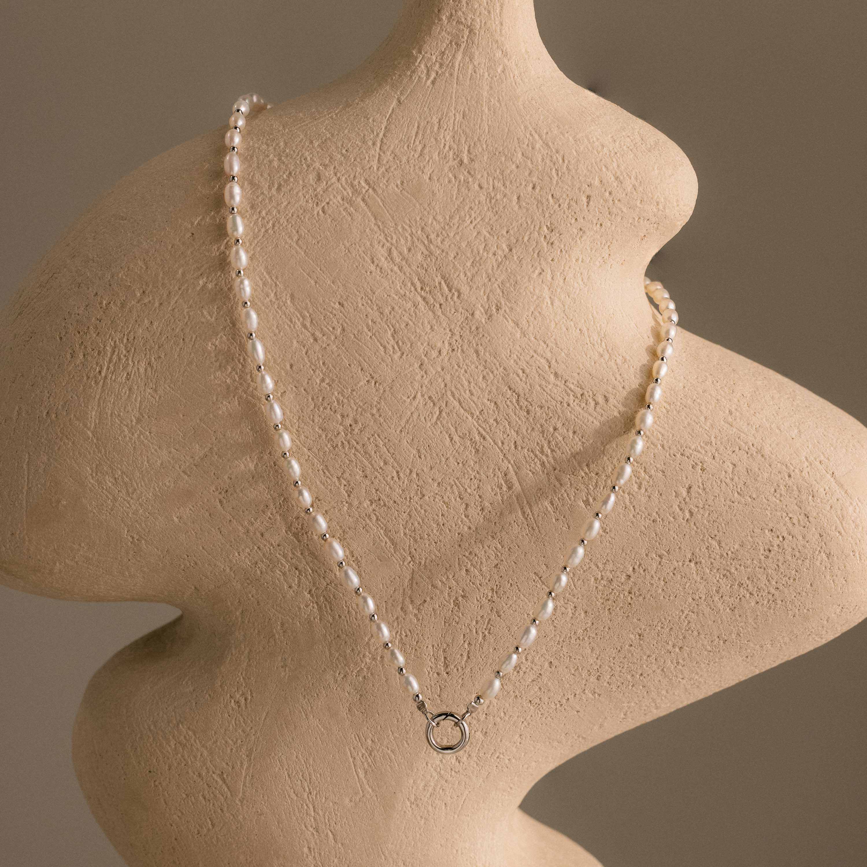 Pearl Station Beaded Charm Necklace in Silver - Image 3