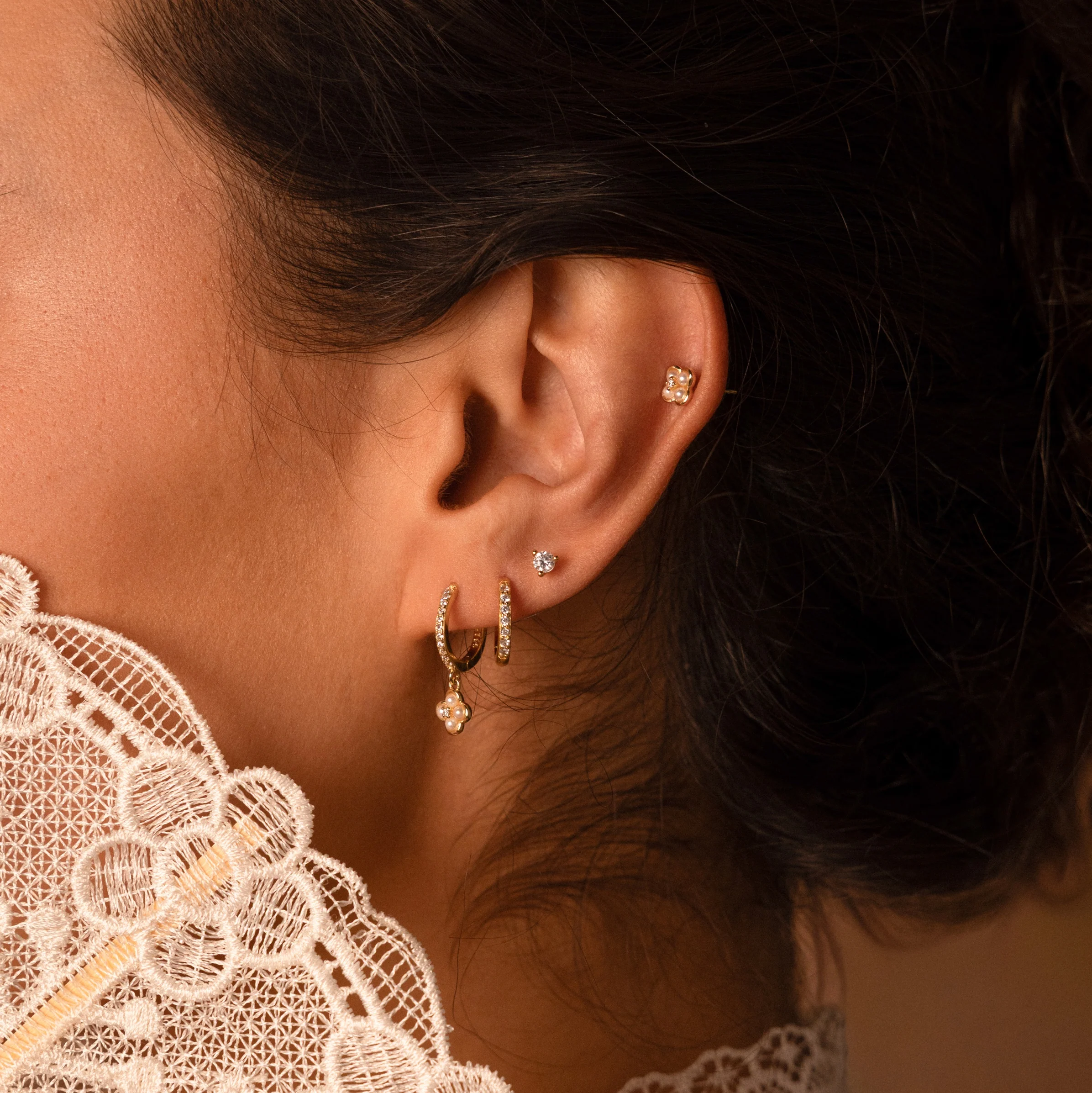Rounded Pearl Flower Studs in 18K Gold - Image 4