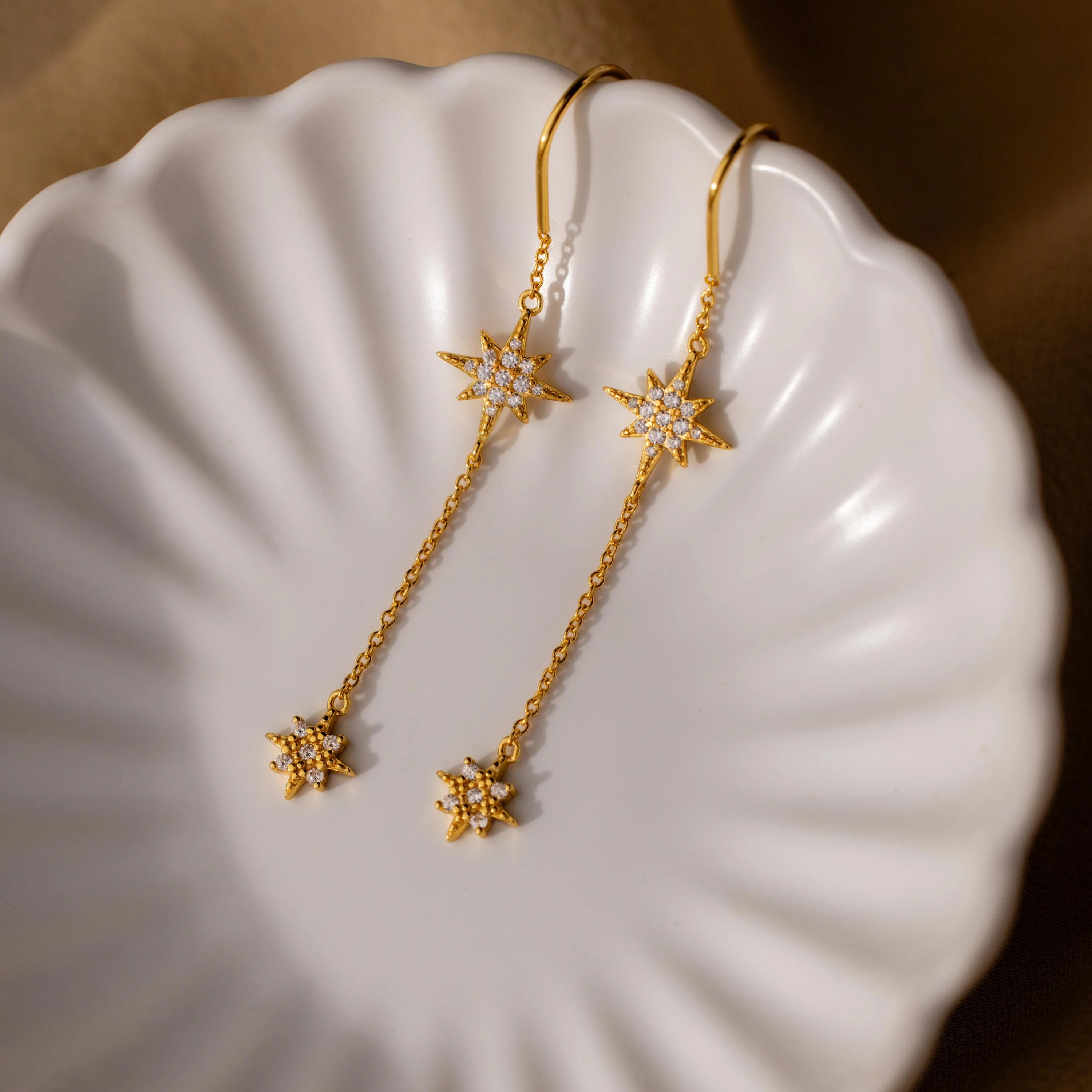 Pave Star Threader Earrings in 18K Gold - Image 3