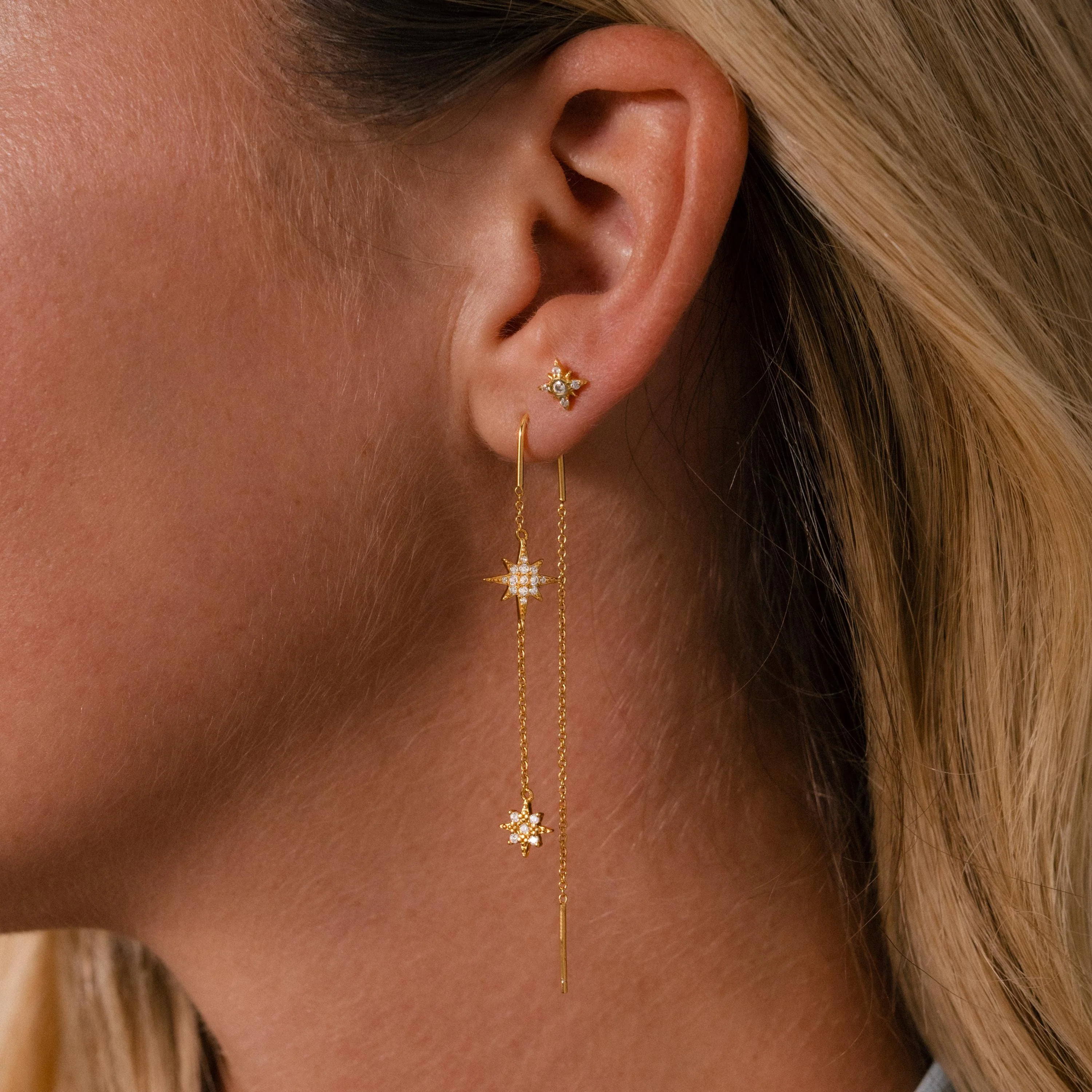 Pave Star Threader Earrings in 18K Gold - Image 6